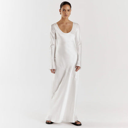 Maxi Solid Color Satin Round Neck Long Sleeve Loose Casual Dress