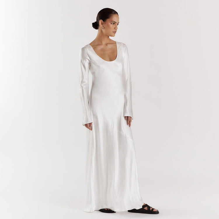 Maxi Solid Color Satin Round Neck Long Sleeve Loose Casual Dress