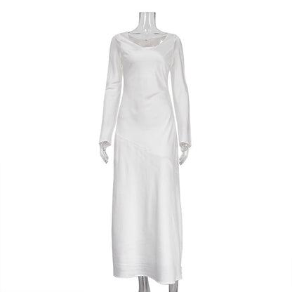 Maxi Solid Color Satin Round Neck Long Sleeve Loose Casual Dress