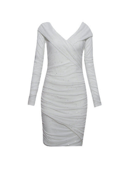 Deep V Plunge Evening Dress Dusting Powder off Shoulder Sheath Long Sleeve Dress