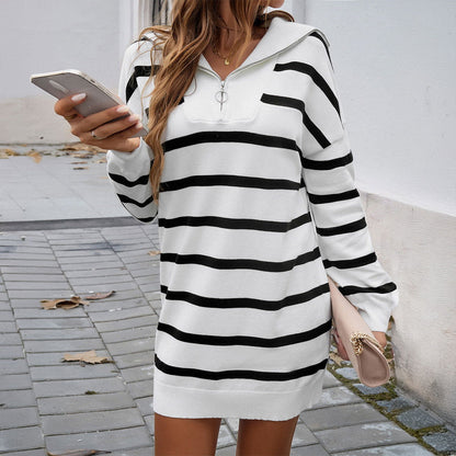 Casual Two Color Striped Long Sleeve Dress Sweater