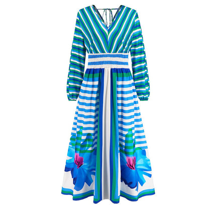Long Sleeve V Neck Swing A Line Printed Dress Slim Retro Maxi Dress