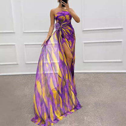 Chiffon Floral Print Slit Dress Casual Party Long Dress