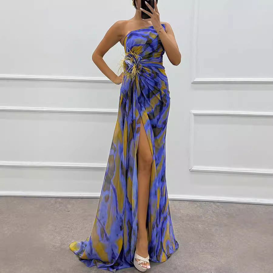 Chiffon Floral Print Slit Dress Casual Party Long Dress