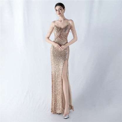 Dress Encryption Sequin Craft Beaded Sling High Fork Evening Dress
