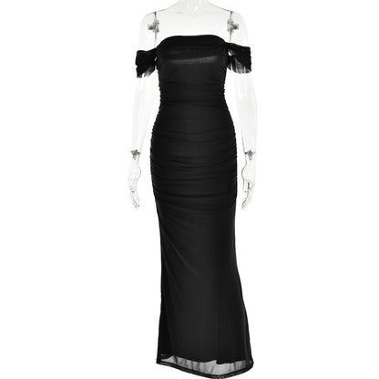 Dress Slim Fit Backless off-Neck Mesh Stitching Hip Dress