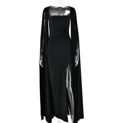Dress Square Collar Mop Long Sleeve High Slit Solid Color Dress