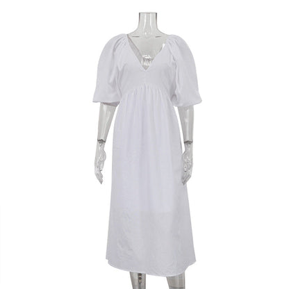 Early Cotton Solid Color Maxi Dress V neck Half Sleeve Hollow Out Cutout Backless Casual Dress