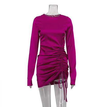 Early Long Sleeved Gloves Drawstring Satin Drape Dress Hip Dress