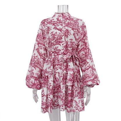 Early National Ink Printing Short Dress Puff Sleeve StUp Collar Tie Retro A Line Dress