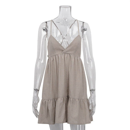 Early Retro A line Slip Dress Pleated Cotton Linen V neck Dress