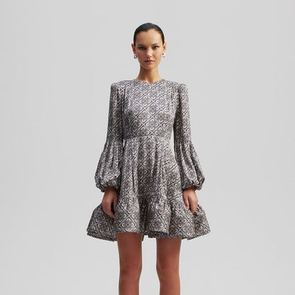 Early Retro Ethnic round Neck Slim Fit Printed Dress Tea Break French Long Sleeve Dress for