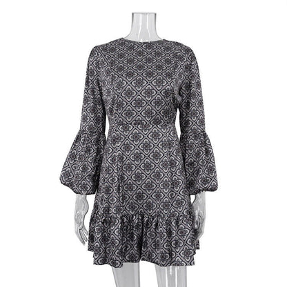 Early Retro Ethnic round Neck Slim Fit Printed Dress Tea Break French Long Sleeve Dress for