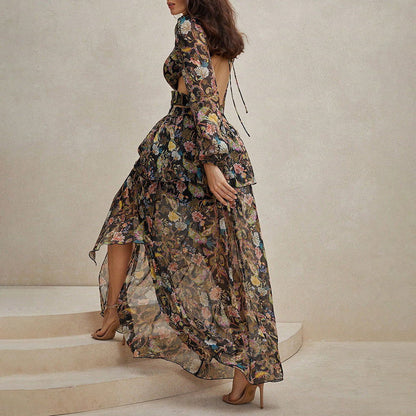 Elegant Bohemian Printed V neck Dress Vacation Casual Dress