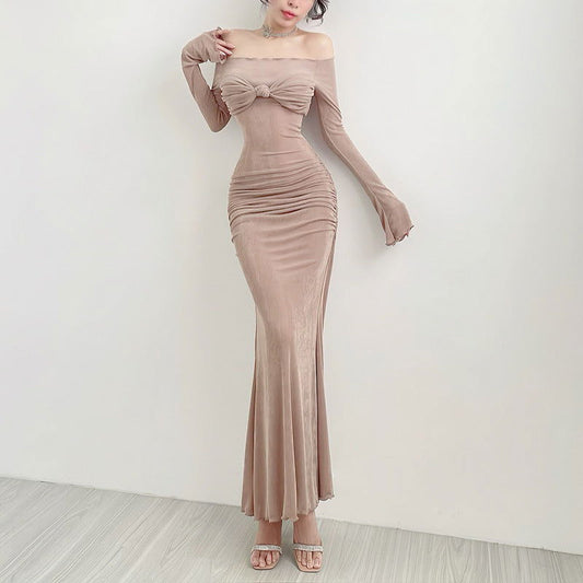 Fall Maxi Dress Elegant Slim Off Shoulder Chest Show