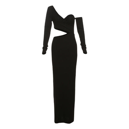 Fall Long Sleeve Diagonal Collar Cutout Slim Fit Hip Wrapped Dress
