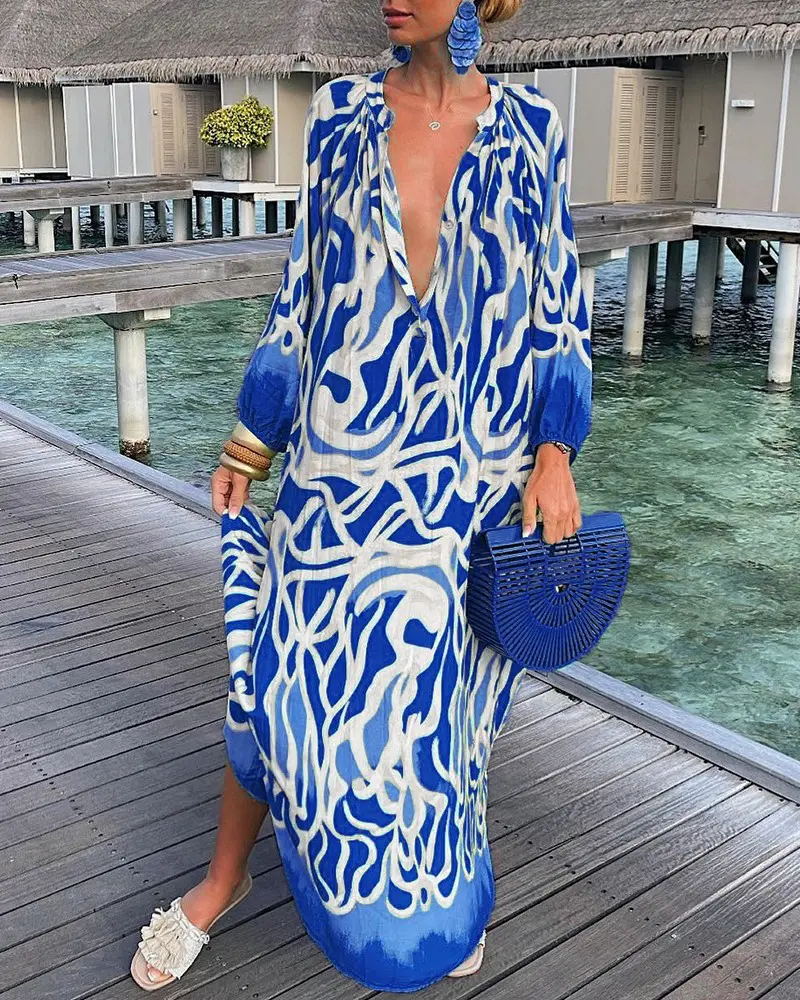 Fall Printed Pullover Long Sleeve Dress V neck Swing Loose Jumpsuit