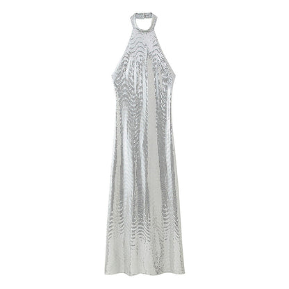 Fall Sequ Hanging Collar Flared Sleeveless Slim Maxi Dress