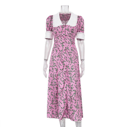 French Design Dress Short Sleeve Doll Collar GracefulMaxi Dress