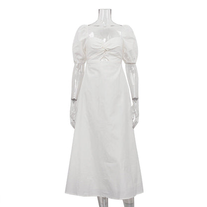 French Design Square Collar Slimming Puff Sleeve A Line Dress White Dress