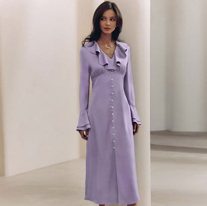 French Imitation Acetate Satin V neck Flared Sleeves High Waist Ruffles Dress Autumn