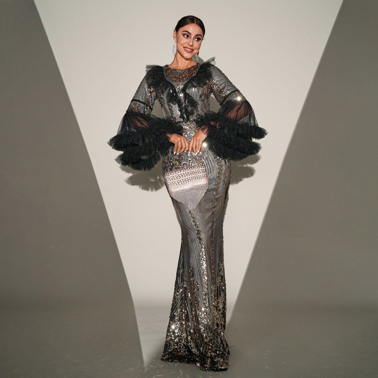 High End Long Sleeve Crew Neck Long Sequined Cocktail Fishtail Evening Dress Bridesmaid Dress