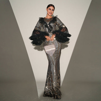 High End Long Sleeve Crew Neck Long Sequined Cocktail Fishtail Evening Dress Bridesmaid Dress