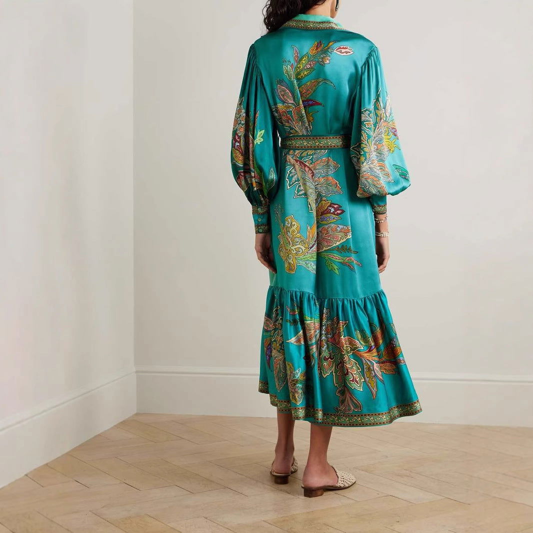 Holiday Collared Single Placket Lantern Sleeve Long Sleeve Vintage Printing Dress