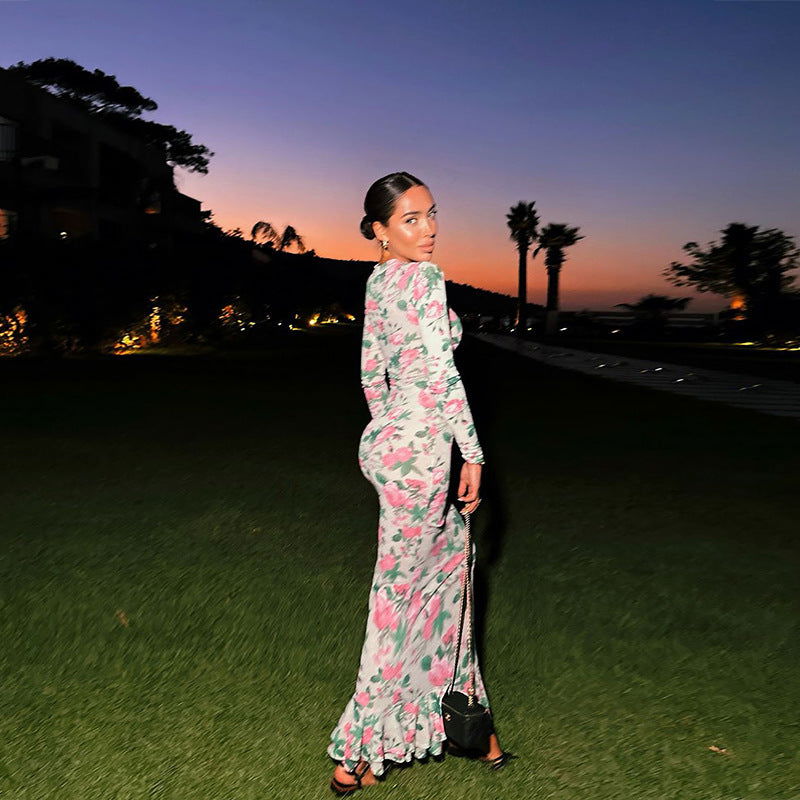 Long Sleeve Slim Fit Long Printed  Elegant Dress