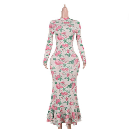 Long Sleeve Slim Fit Long Printed  Elegant Dress