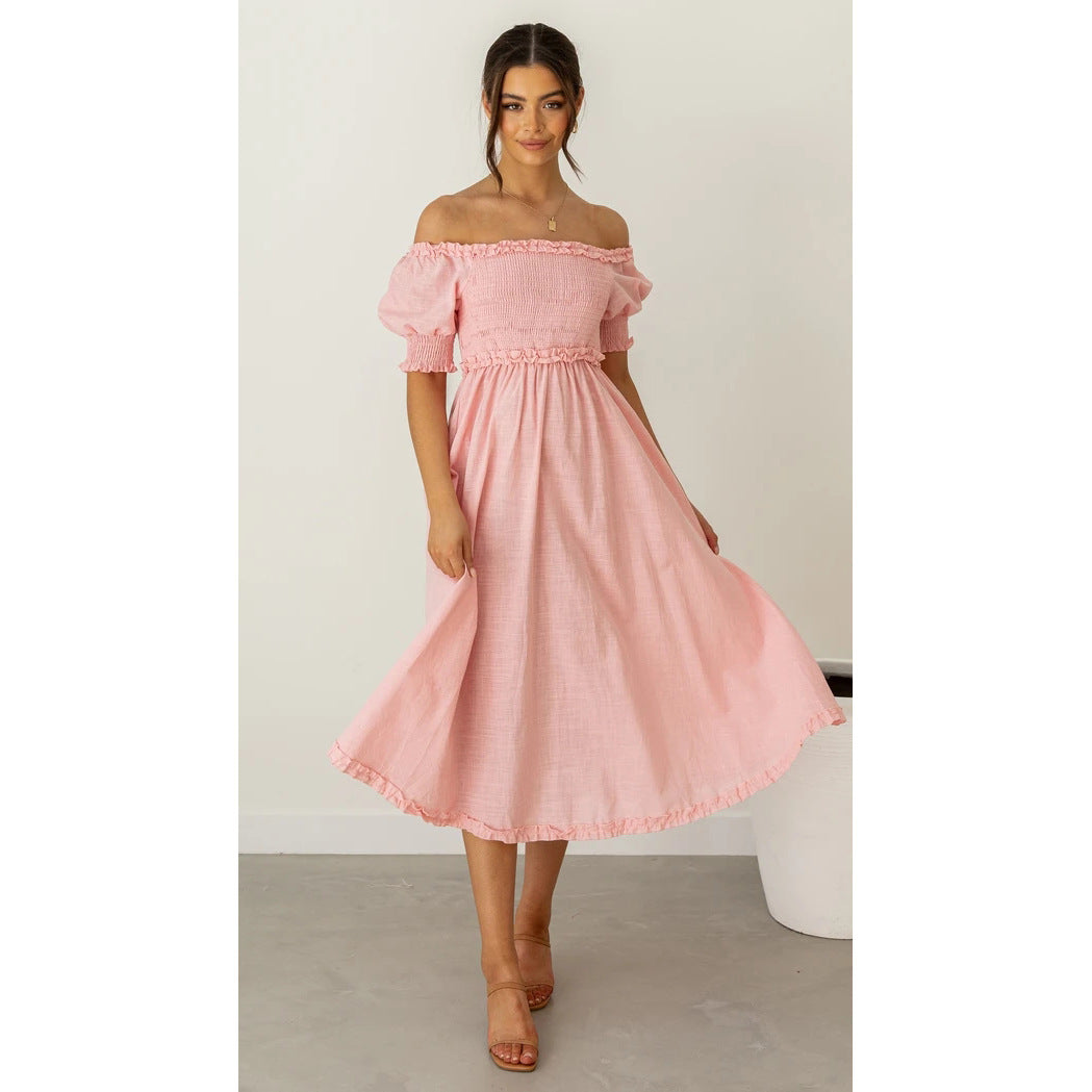 Lace Fresh Sweet Solid Color Mid-Length Dress