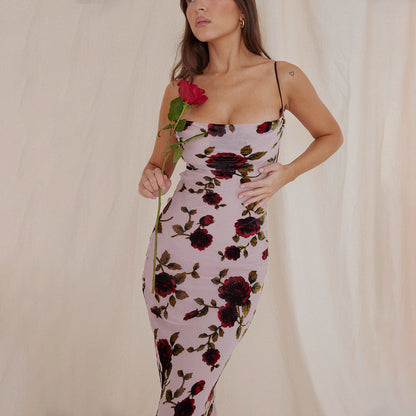 Mesh Floral Print Slip Dress Slim Fit Elegant Floral Maxi Dress Holiday Dress Backless