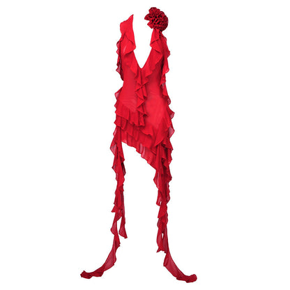 Multi Color Net Yarn Floral Ribbon Halter Ethnic Red Dress