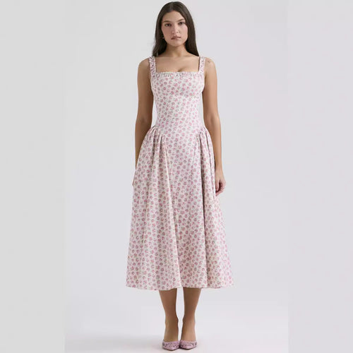 Floral Bohemian Waist Tight Slim Backless Vacation Sling Mid Length Dress