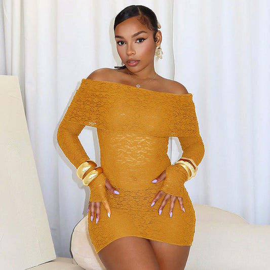 Collared off-Shoulder Long Sleeve Lace Slim Fit Dress