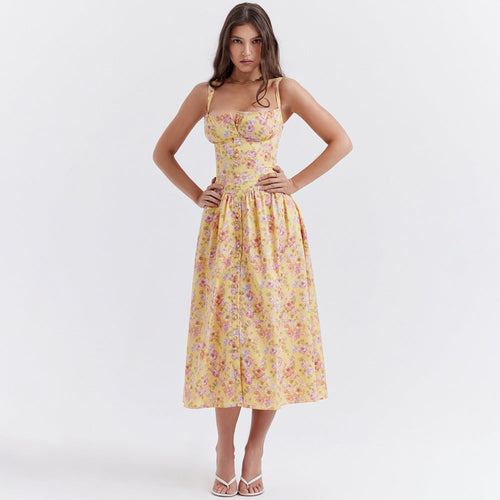 Dress Square Collar Cami Dress Slim Fit Backless Sweet Spicy Wind Floral Dress