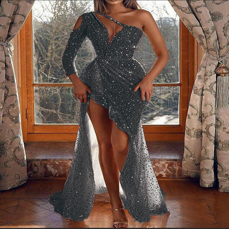 Fall Plus Color One Shoulder Cocktail Dress Hip Dress