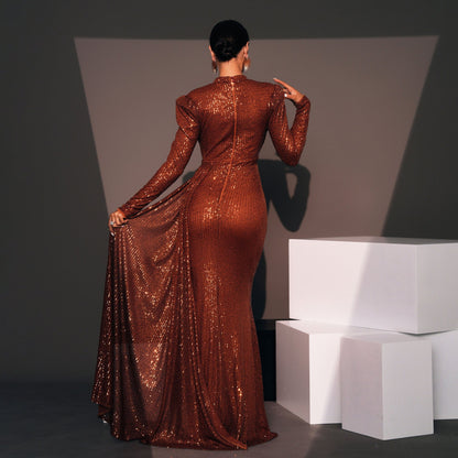 Evening Dress Long Sleeve Crew Neck Slim Long Sequined Cocktail Bridesmaid Dress