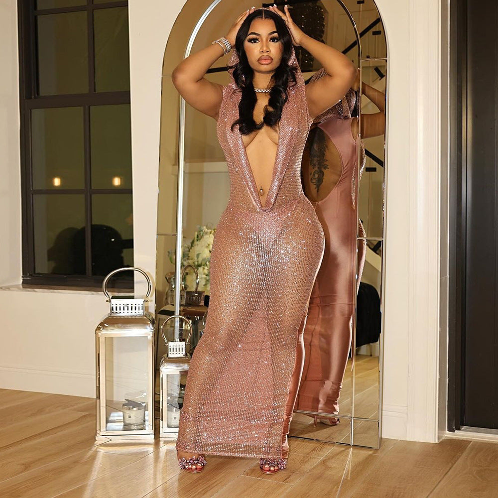 Deep V Plunge See through Sequined Maxi