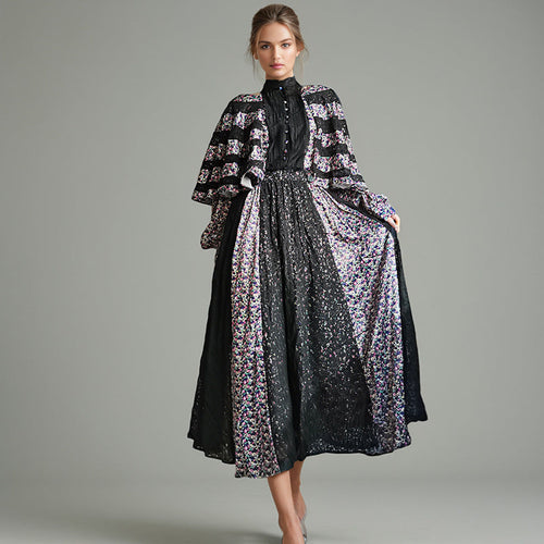 Elegant High Waist Lace Maxi Dress Cape Shawl Design Printed Maxi
