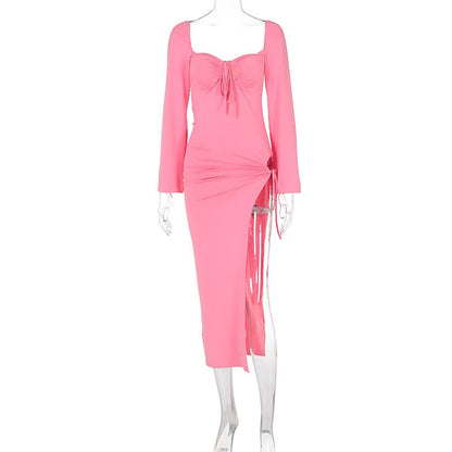 Long Sleeve Lace Up Slim Fit Backless Hollow Out Cutout Split Dress