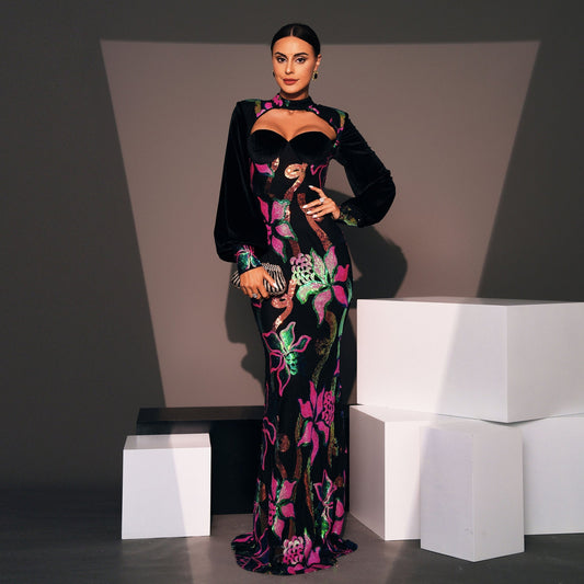 Long Sleeve Crew Neck Cutout Long Sequined Cocktail Evening Dress Bridesmaid