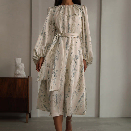 Loose Dress Puff Sleeve GracefulPrinted A line Dress