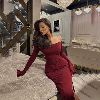Fall Maxi Dress Socialite Elegant Slim off Shoulder Tied