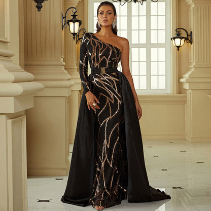 High End Banquet off Shoulder Sheath Small Tail Bridesmaid Dress Evening Dress