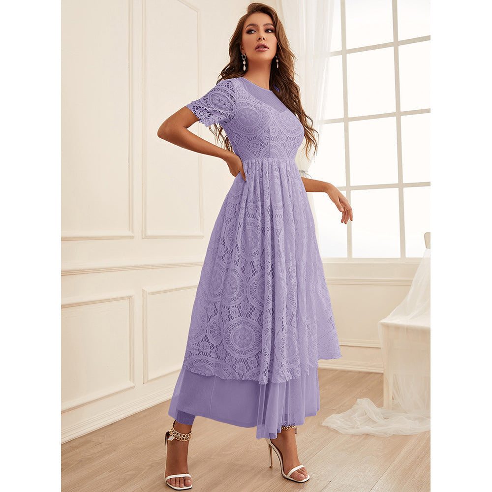 Lace Stitching Mesh Solid Color Dress