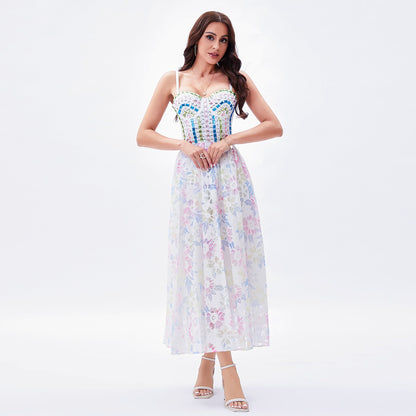 French Romantic Holiday Beaded Strap Tube Top Dress Three Dimensional Floral Fairy Boning Corset Waist Tight Princess Sling Dress