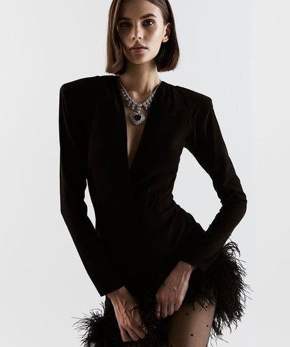 Fall Ostrich Feather Long Sleeved Bandage One Piece Dress