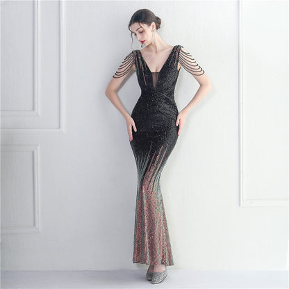 Craft Beaded Sequined Car Model Exhibition Host Dinner Long Evening Dress Fishtail Dress
