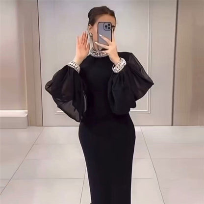 Light Luxury Diamond Stitching Mesh Lantern Sleeve Bandage One Piece Dress Hepburn Socialite Formal Dress